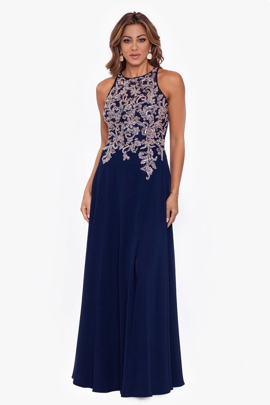 Betsy & Adam Formal Evening Gown Sz 6 Navy Beaded Mother of Bride Wedding Dress